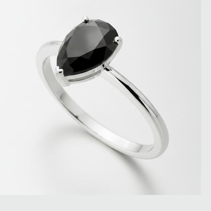 1.5 Carat Pear Black Diamond Solitaire Ring Natural 14K White Gold