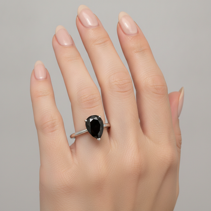 1.5 Carat Pear Black Diamond Solitaire Ring Natural 14K White Gold