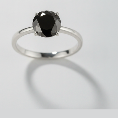 1.5 Carat Round Black Diamond Solitaire Ring Natural 14K White Gold