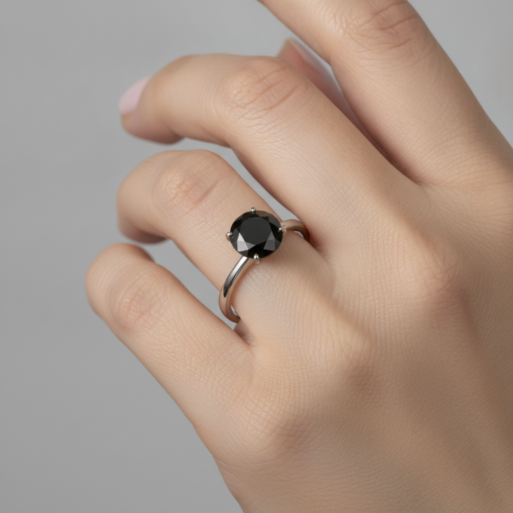 1.5 Carat Round Black Diamond Solitaire Ring Natural 14K White Gold
