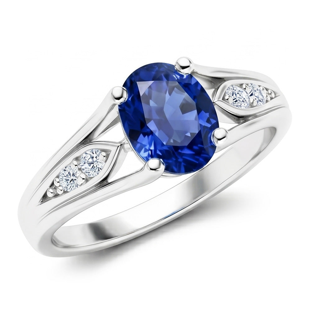 1.50 Carats Blue Oval Sapphire And Round Natural Earth Mined Diamond Gold Ring 14K