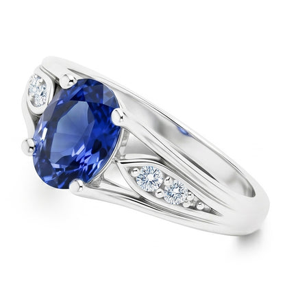 1.50 Carats Blue Oval Sapphire And Round Natural Earth Mined Diamond Gold Ring 14K