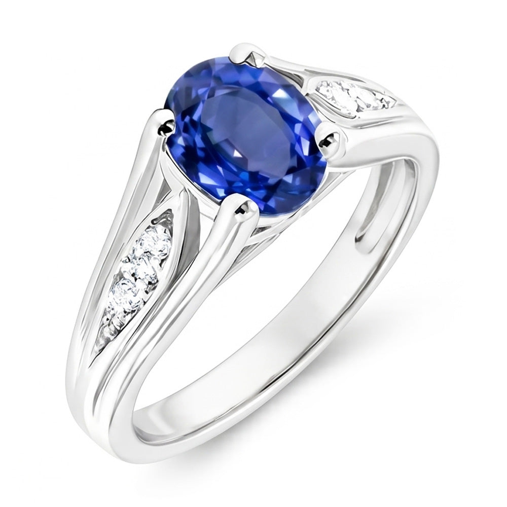 1.50 Carats Blue Oval Sapphire And Round Natural Earth Mined Diamond Gold Ring 14K