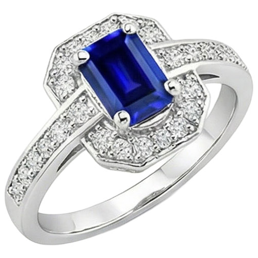1.70 Carats Emerald Cut Ceylon Sapphire Natural Earth Mined Diamond Ring White Gold 14K