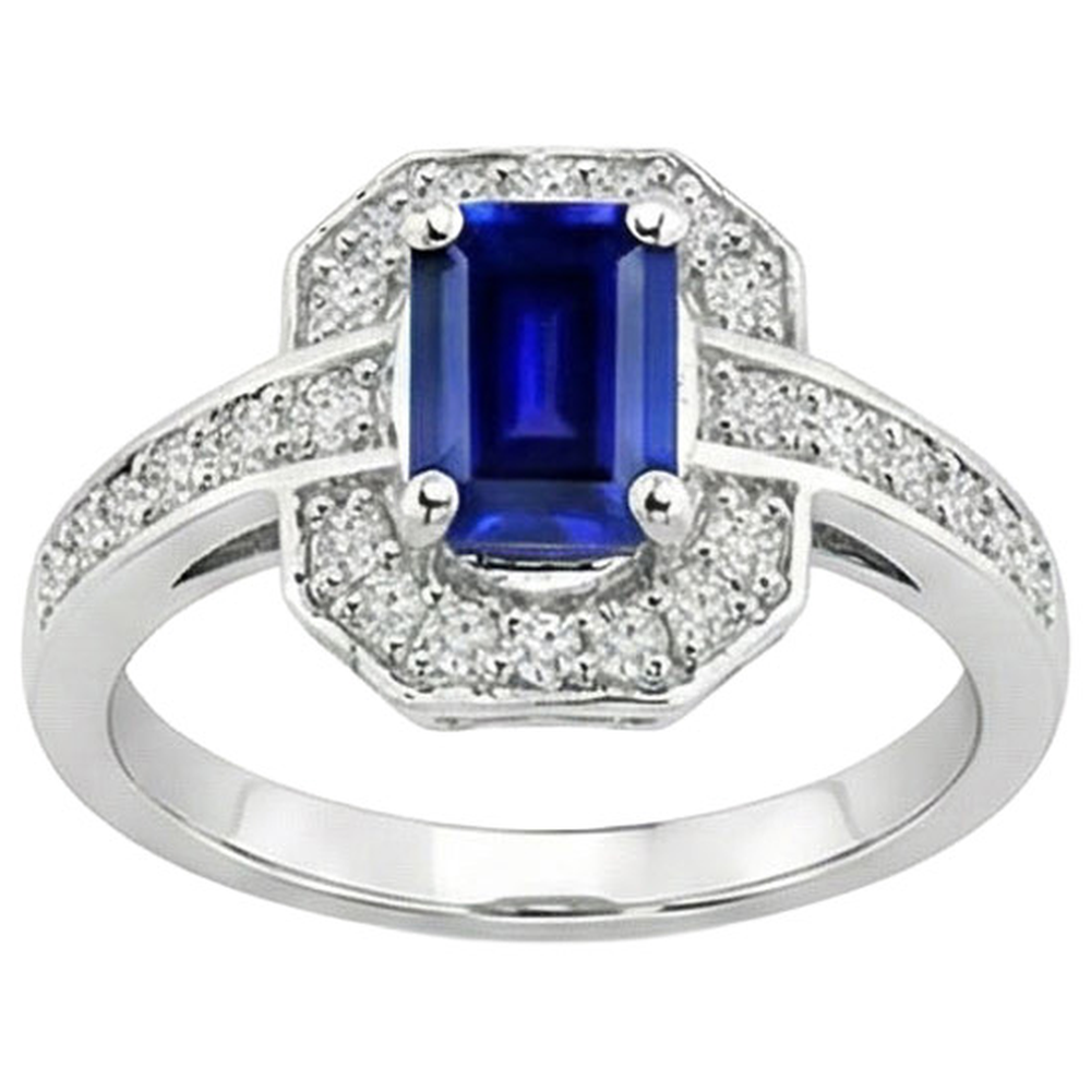1.70 Carats Emerald Cut Ceylon Sapphire Natural Earth Mined Diamond Ring White Gold 14K