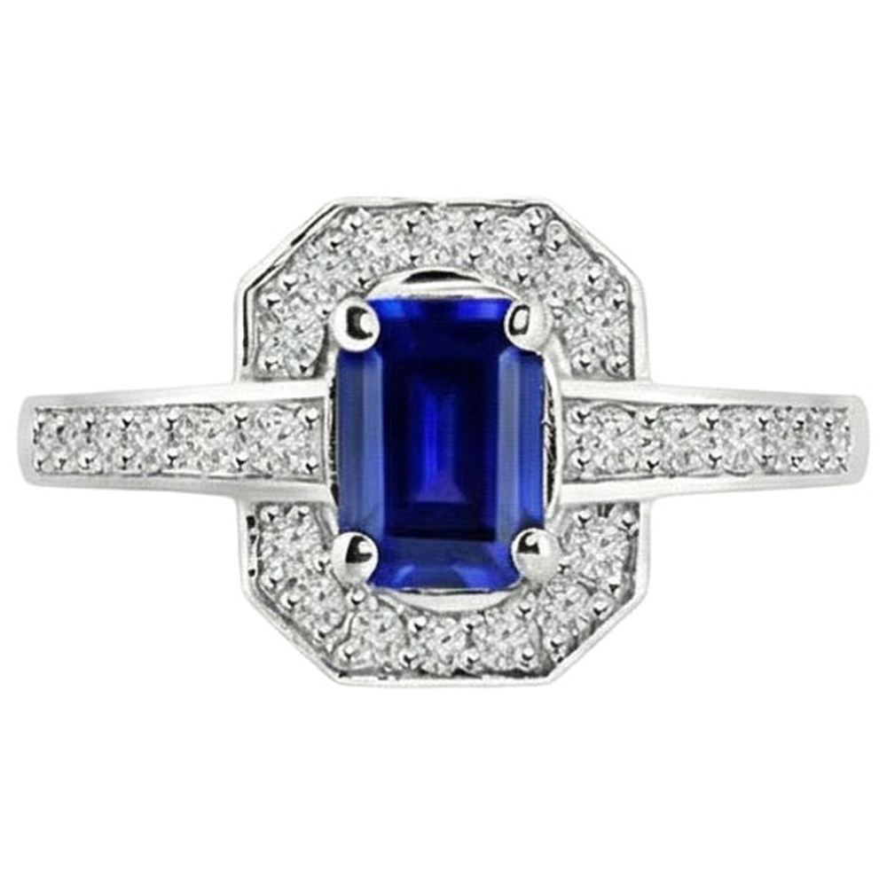 1.70 Carats Emerald Cut Ceylon Sapphire Natural Earth Mined Diamond Ring White Gold 14K