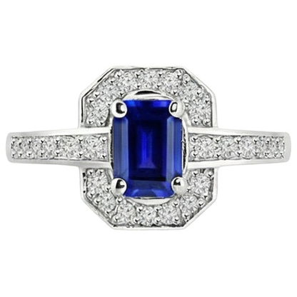 1.70 Carats Emerald Cut Ceylon Sapphire Natural Earth Mined Diamond Ring White Gold 14K