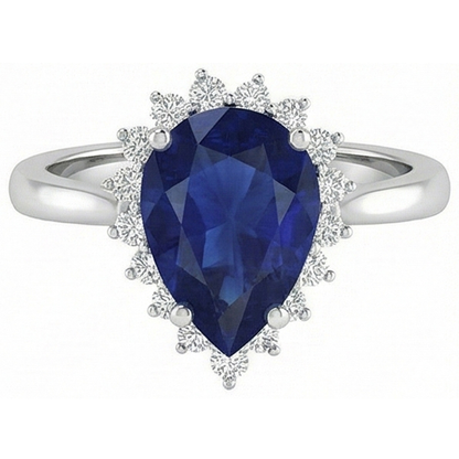 1.75 Ct Blue Pear Cut Sapphire With Natural Earth Mined Diamond Ring Lady Gold