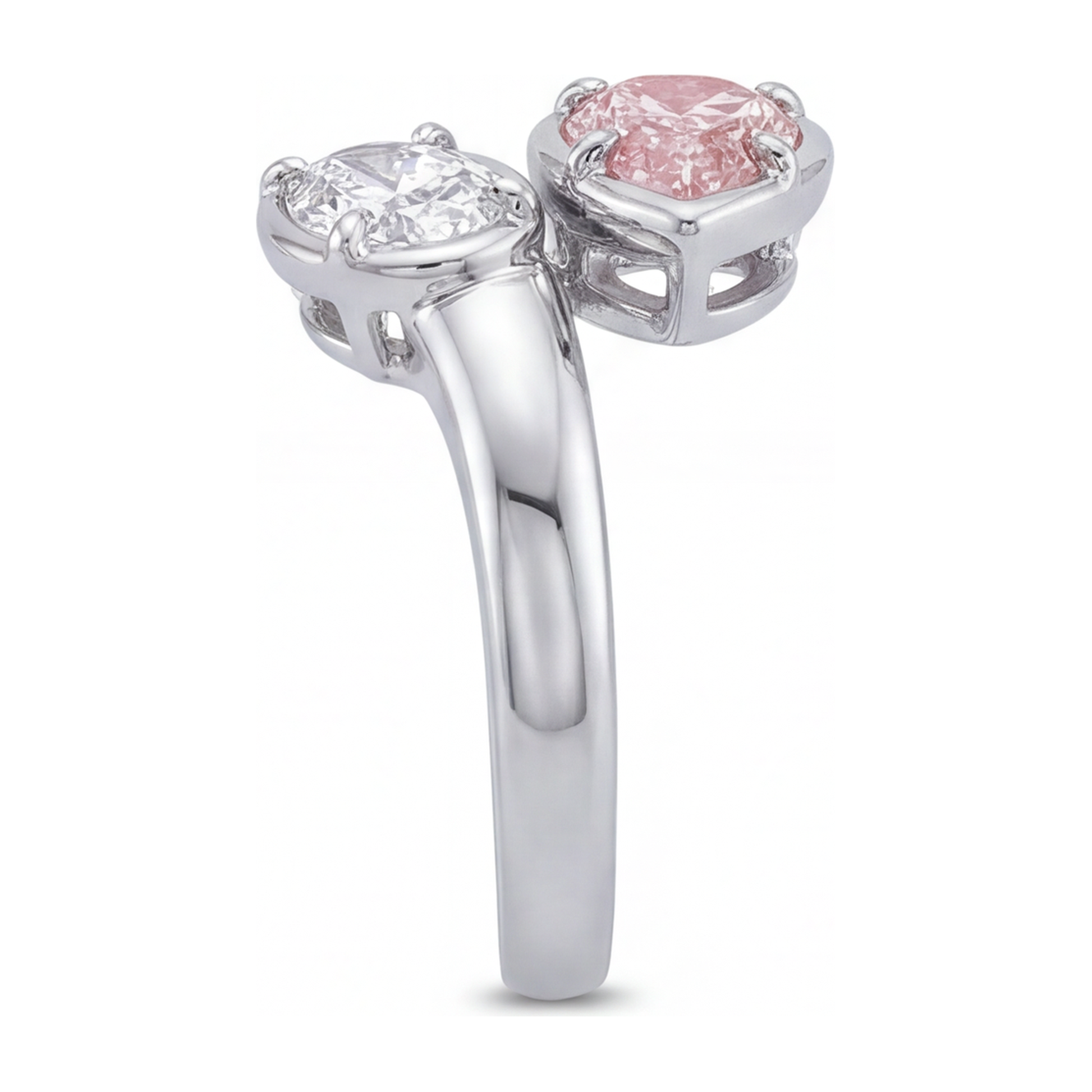 1.75 Carat Oval Pink Lab Grown Diamond and White Diamond Bypass Ring 14K White Gold