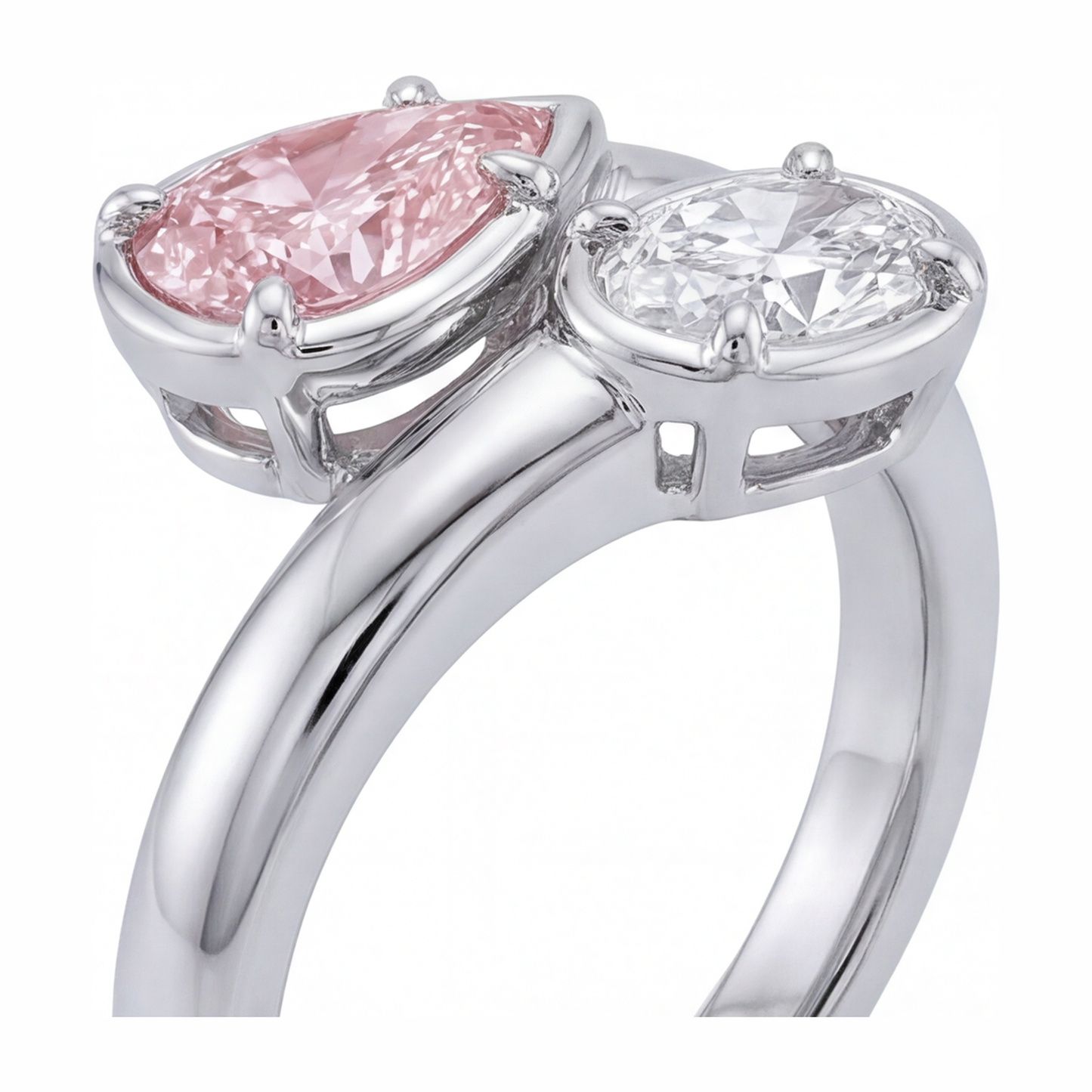 1.75 Carat Oval Pink Lab Grown Diamond and White Diamond Bypass Ring 14K White Gold