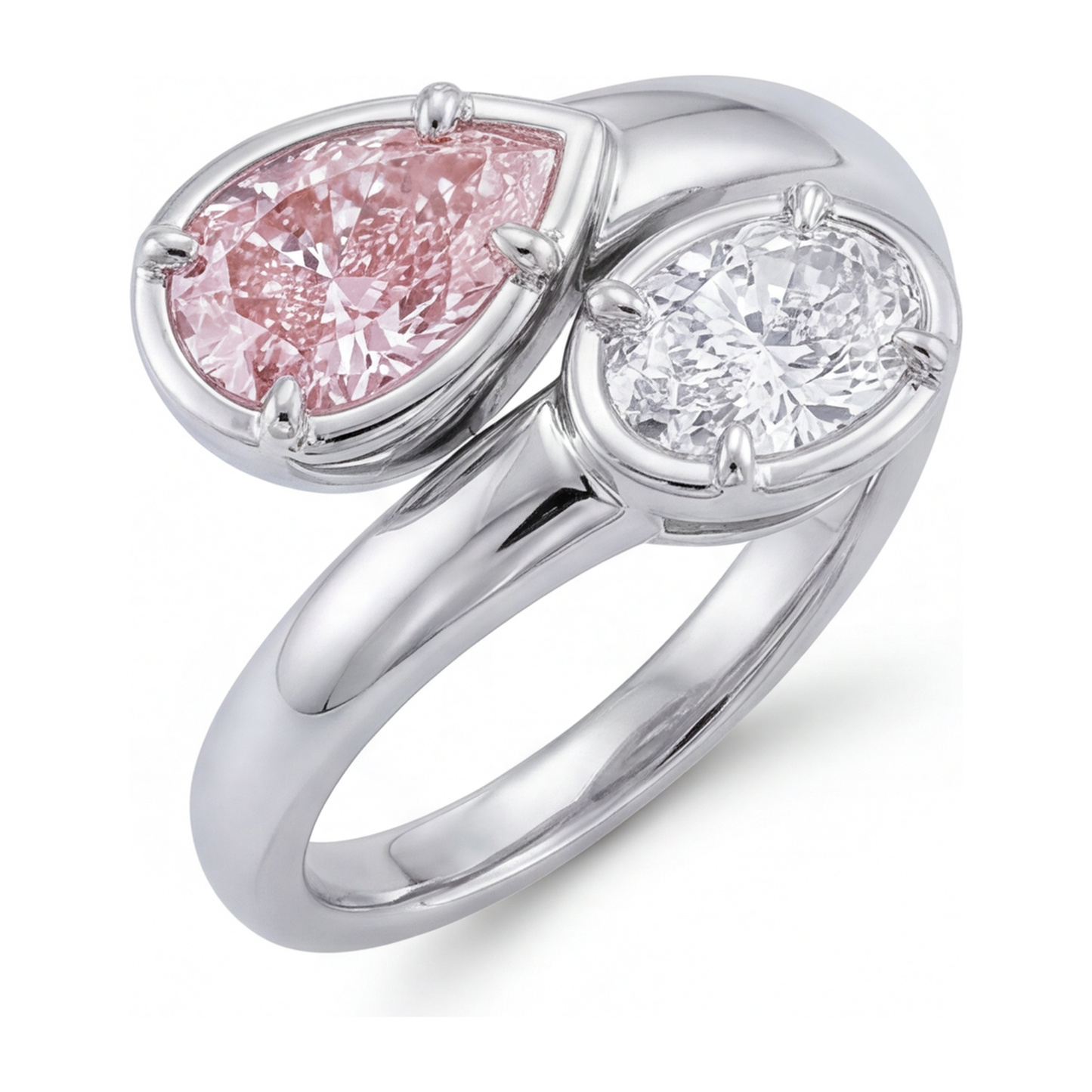 1.75 Carat Oval Pink Lab Grown Diamond and White Diamond Bypass Ring 14K White Gold