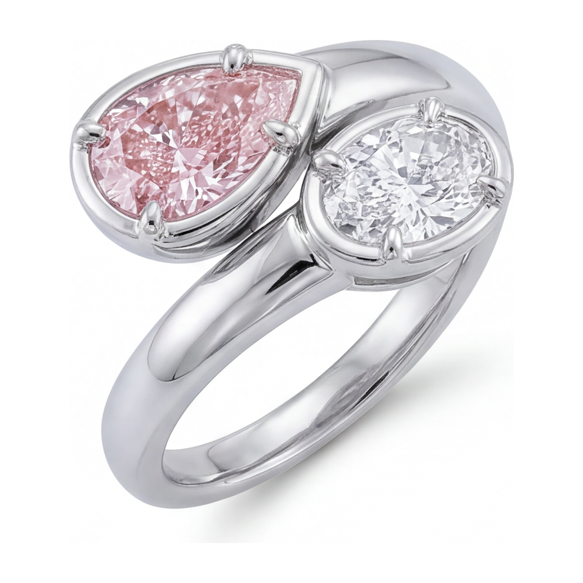 1.75 Carat Oval Pink Lab Grown Diamond and White Diamond Bypass Ring 14K White Gold