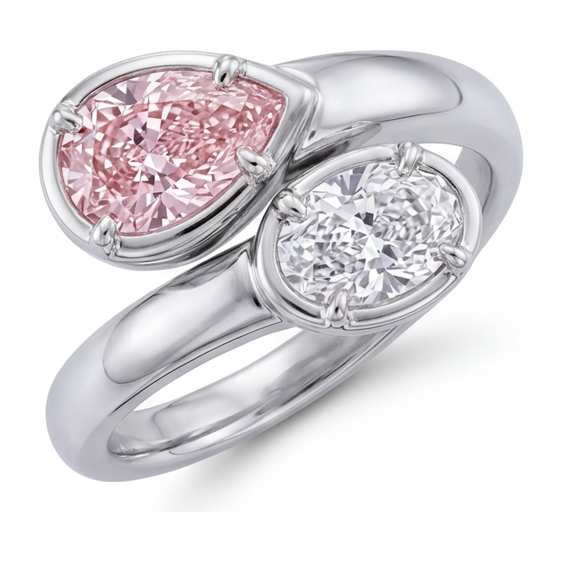 1.75 Carat Oval Pink Lab Grown Diamond and White Diamond Bypass Ring 14K White Gold