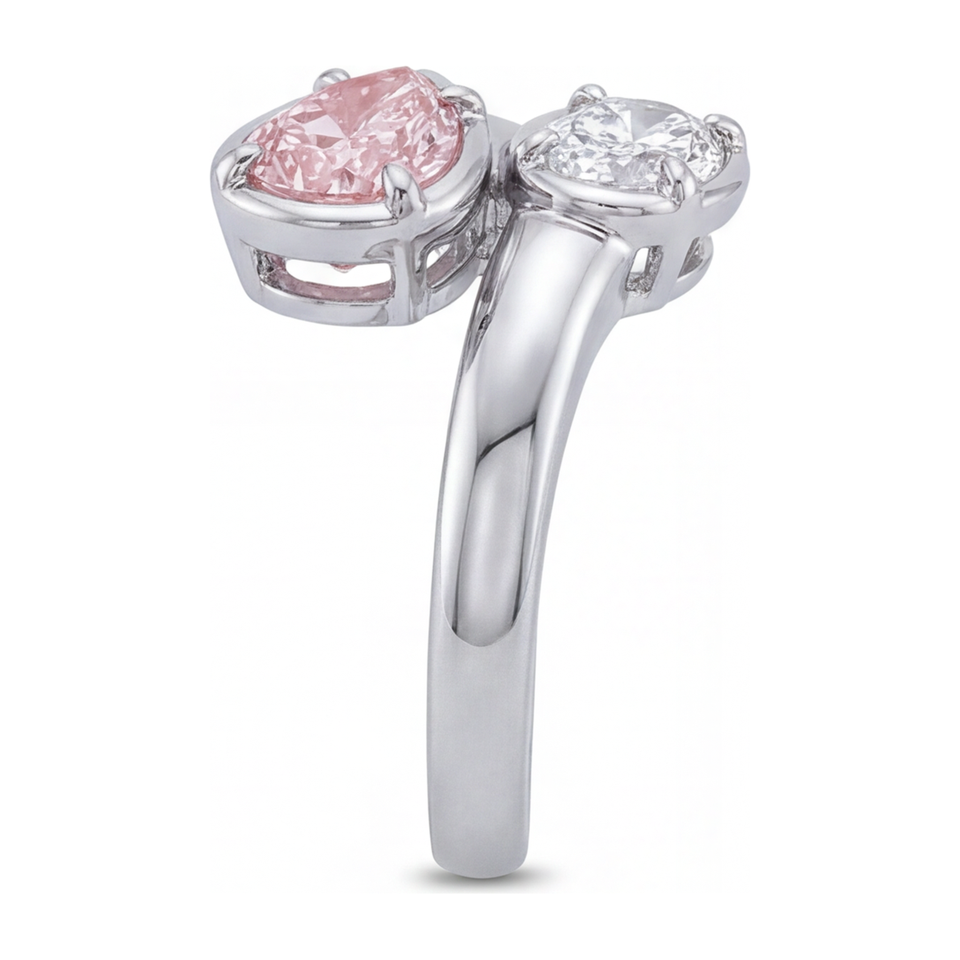 1.75 Carat Oval Pink Lab Grown Diamond and White Diamond Bypass Ring 14K White Gold