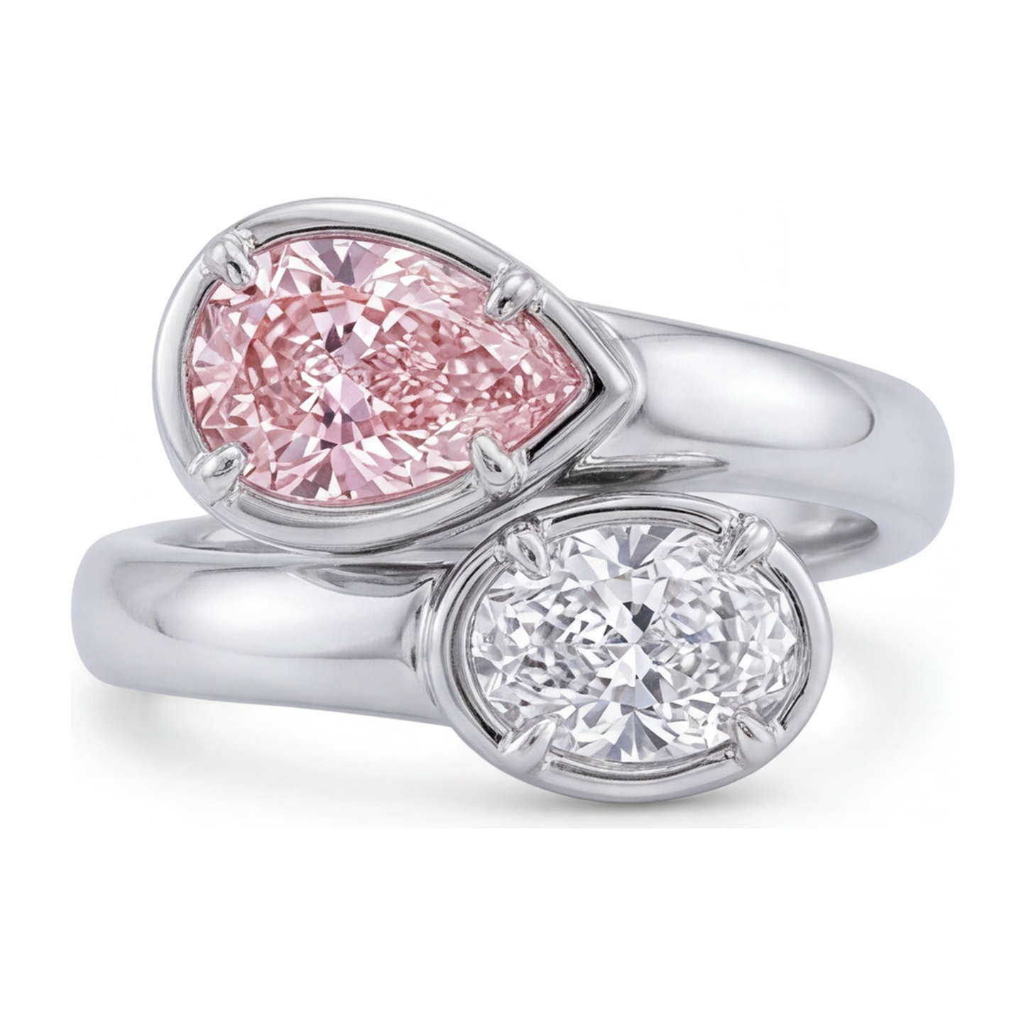 1.75 Carat Oval Pink Lab Grown Diamond and White Diamond Bypass Ring 14K White Gold