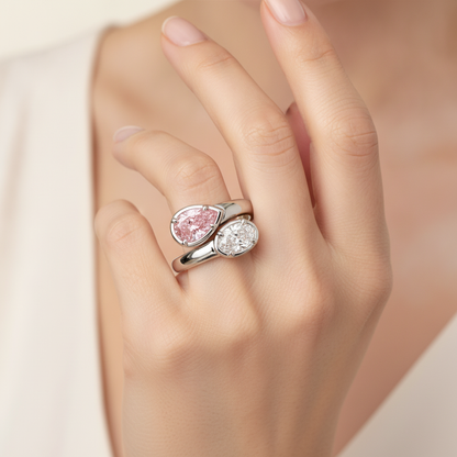 1.75 Carat Oval Pink Lab Grown Diamond and White Diamond Bypass Ring 14K White Gold worn