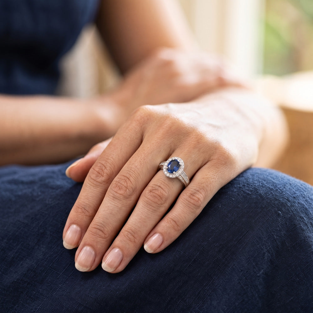 1.80 Carat Sri Lankan Sapphire And Round Natural Earth Mined Diamonds Ring 14K White Gold