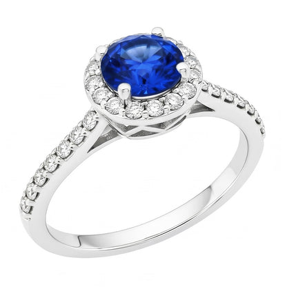 1.80 Ct Round Sri Lanka Sapphire Ring Halo Natural Earth Mined Diamond White Gold