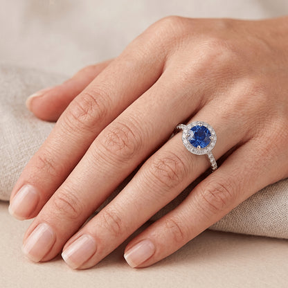 1.80 Ct Round Sri Lanka Sapphire Ring Halo Natural Earth Mined Diamond White Gold