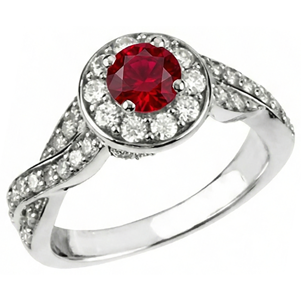 1.85 Carats Red Round Halo Ruby Natural Earth Mined Diamond Ring White Gold 14K