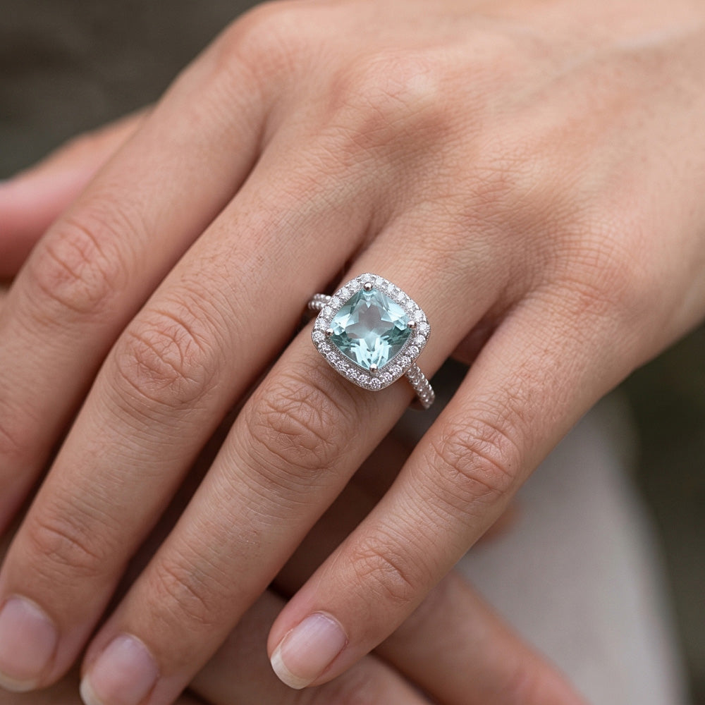 1.91 Carats Blue Cushion Halo Center Gemstone Ring White Gold 14K