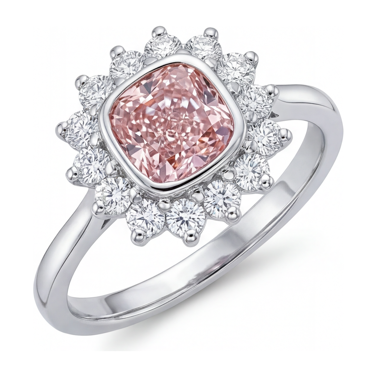 1 Carat Cushion Pink Lab Grown Diamond and White Diamond Halo Ring 14K White Gold