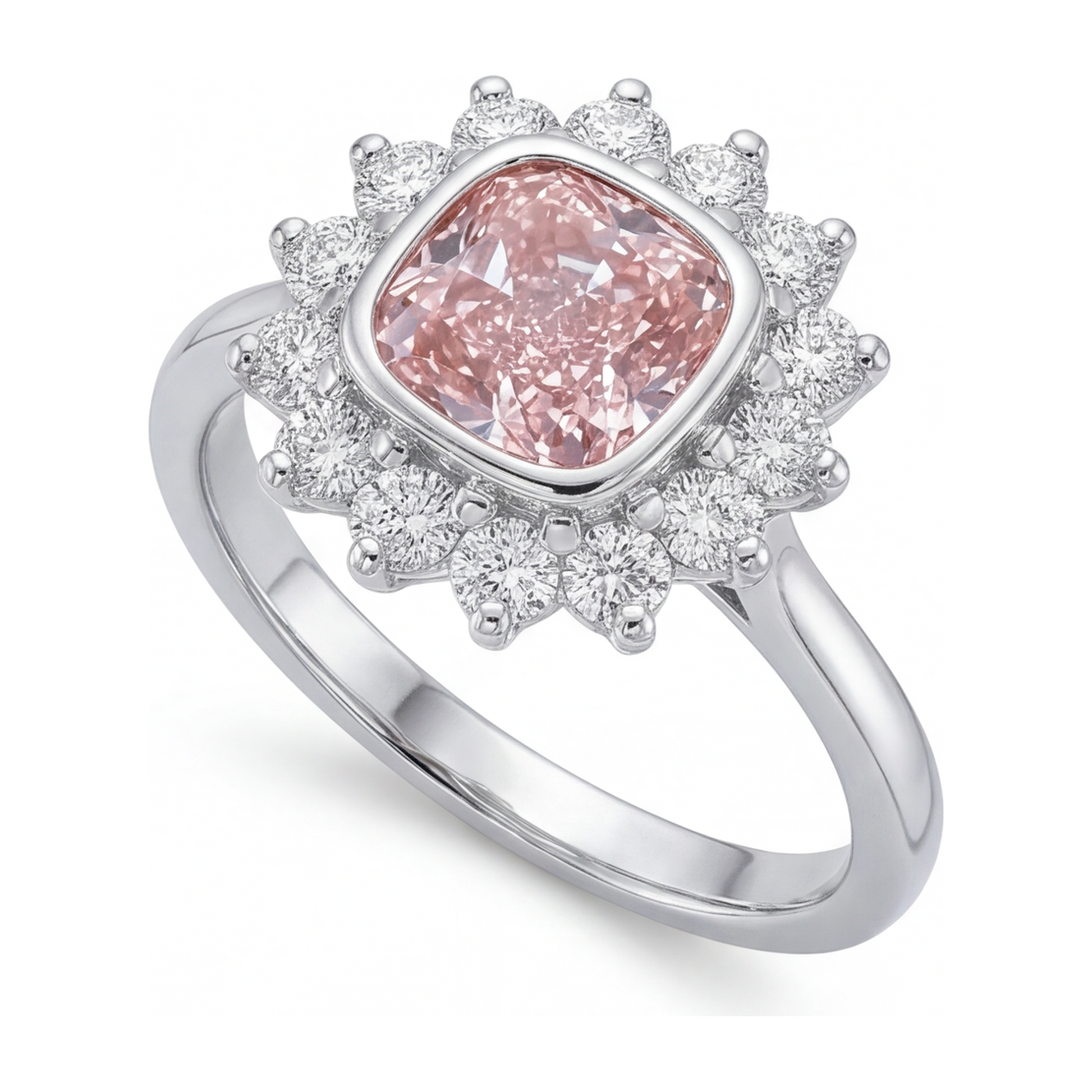 1 Carat Cushion Pink Lab Grown Diamond and White Diamond Halo Ring 14K White Gold