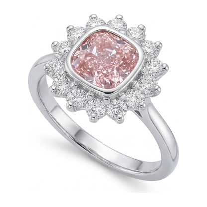 1 Carat Cushion Pink Lab Grown Diamond and White Diamond Halo Ring 14K White Gold