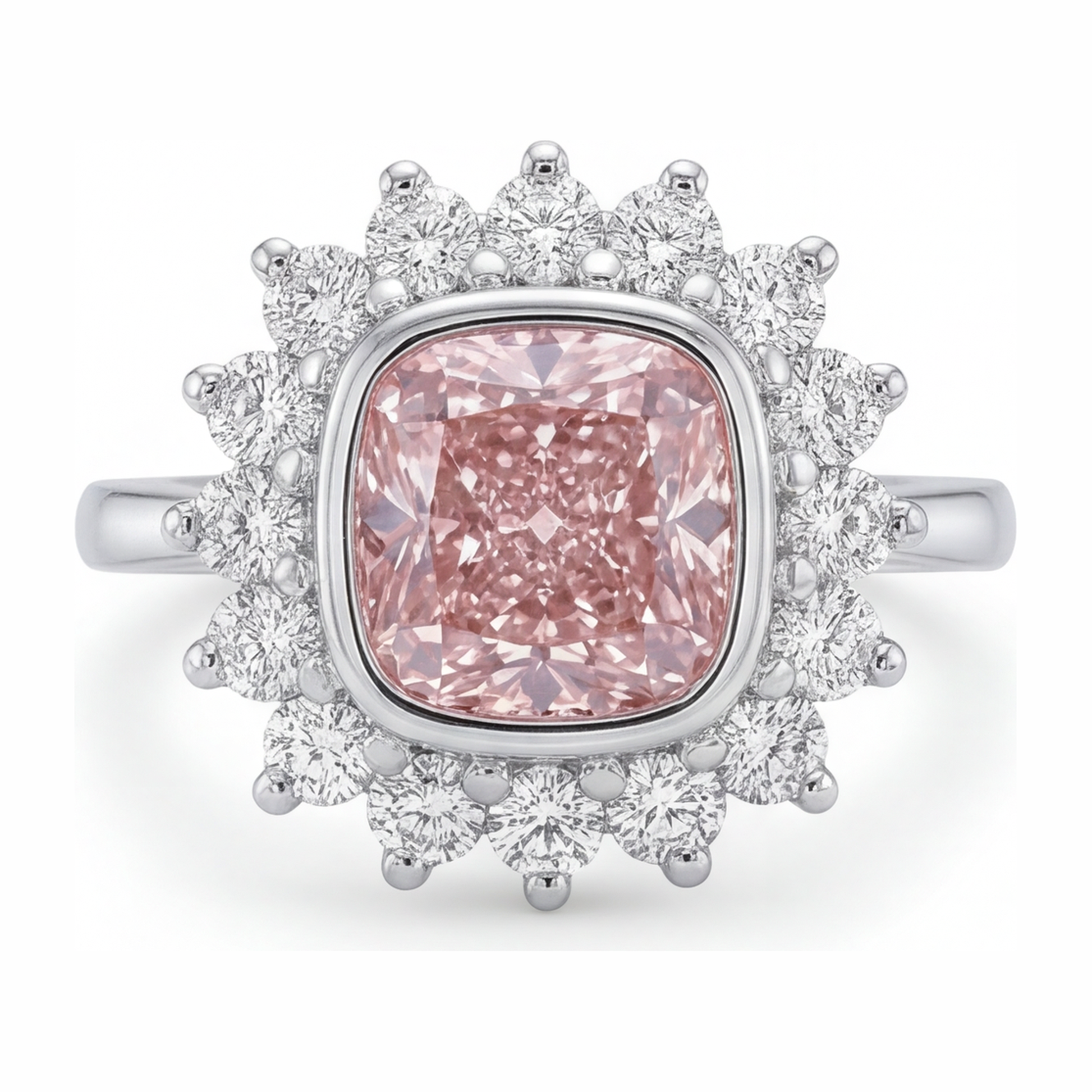 1 Carat Cushion Pink Lab Grown Diamond and White Diamond Halo Ring 14K White Gold