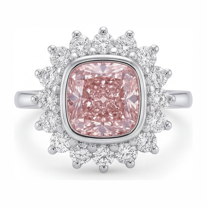 1 Carat Cushion Pink Lab Grown Diamond and White Diamond Halo Ring 14K White Gold