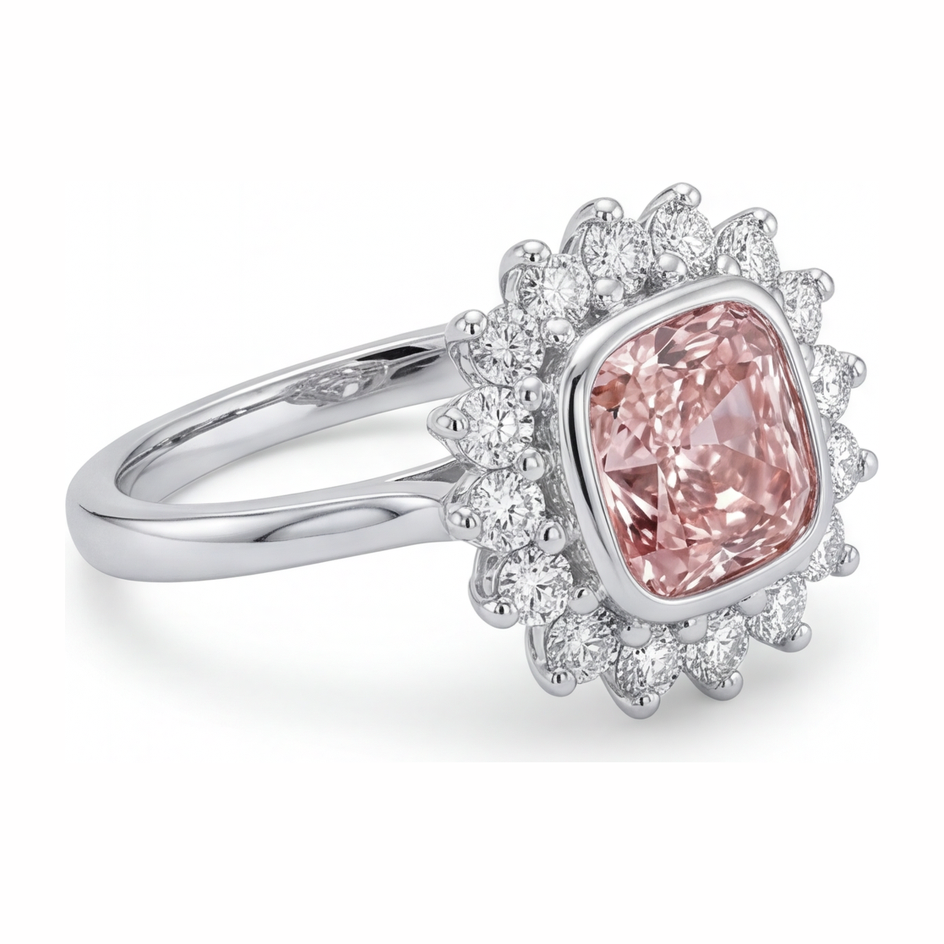 1 Carat Cushion Pink Lab Grown Diamond and White Diamond Halo Ring 14K White Gold