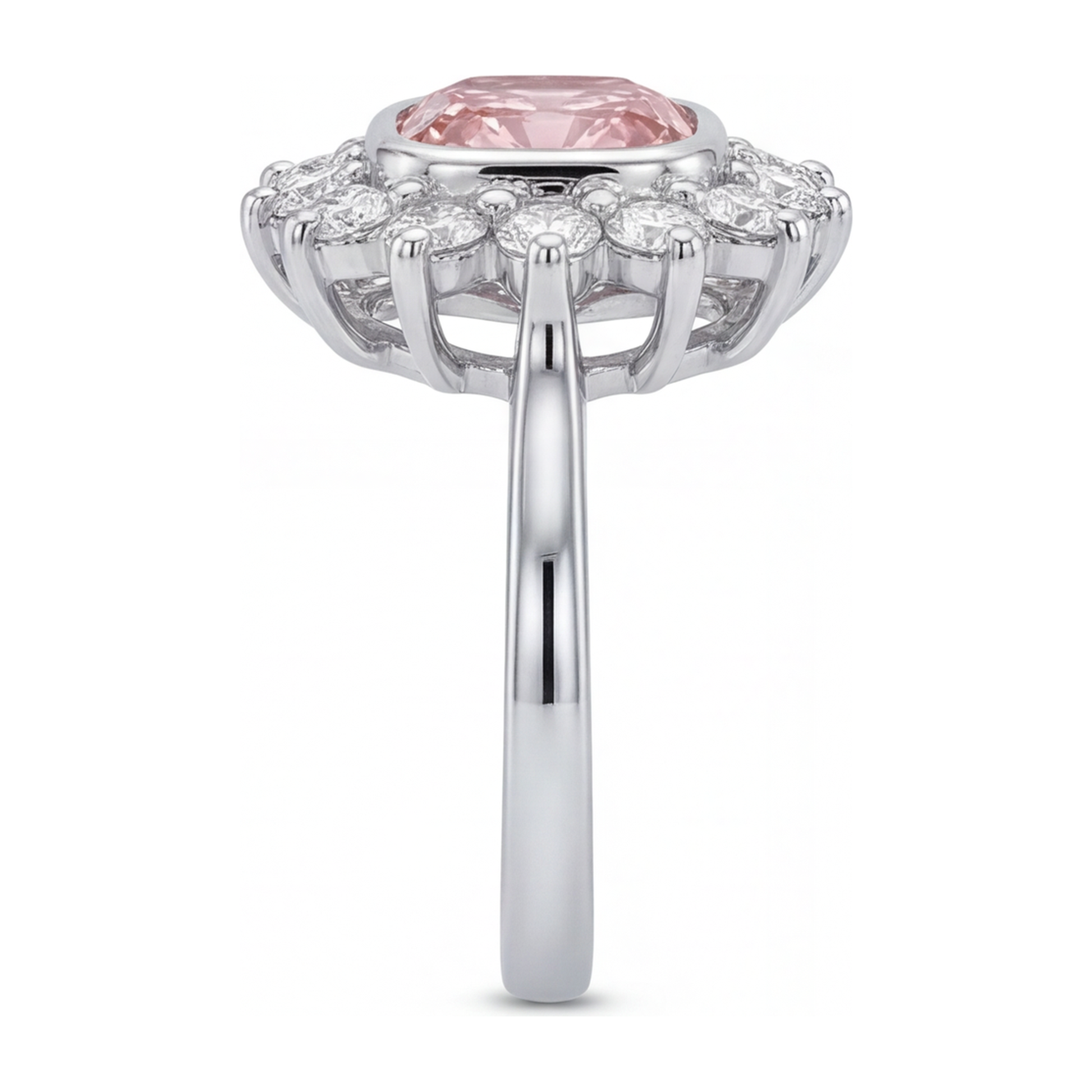 1 Carat Cushion Pink Lab Grown Diamond and White Diamond Halo Ring 14K White Gold