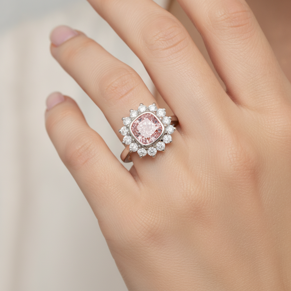 1 Carat Cushion Pink Lab Grown Diamond and White Diamond Halo Ring 14K White Gold worn