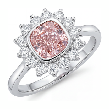 1 Carat Cushion Pink Lab Grown Diamond and White Diamond Halo Ring 14K White Gold