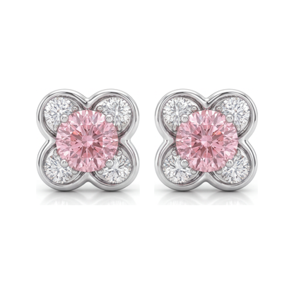 1 Carat Round Pink Lab Grown Diamond and White Diamond Cluster Earrings 14K White Gold