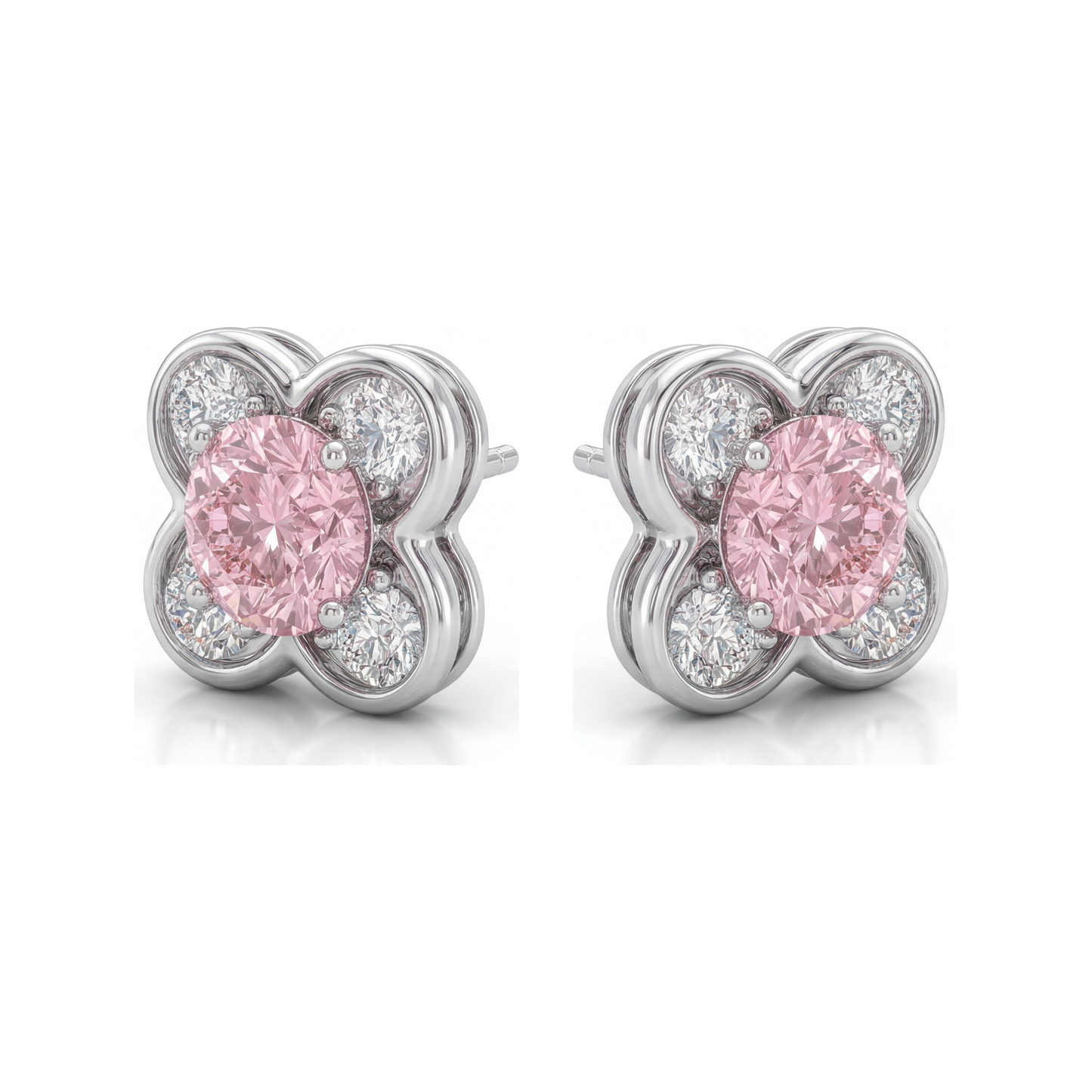 1 Carat Round Pink Lab Grown Diamond and White Diamond Cluster Earrings 14K White Gold