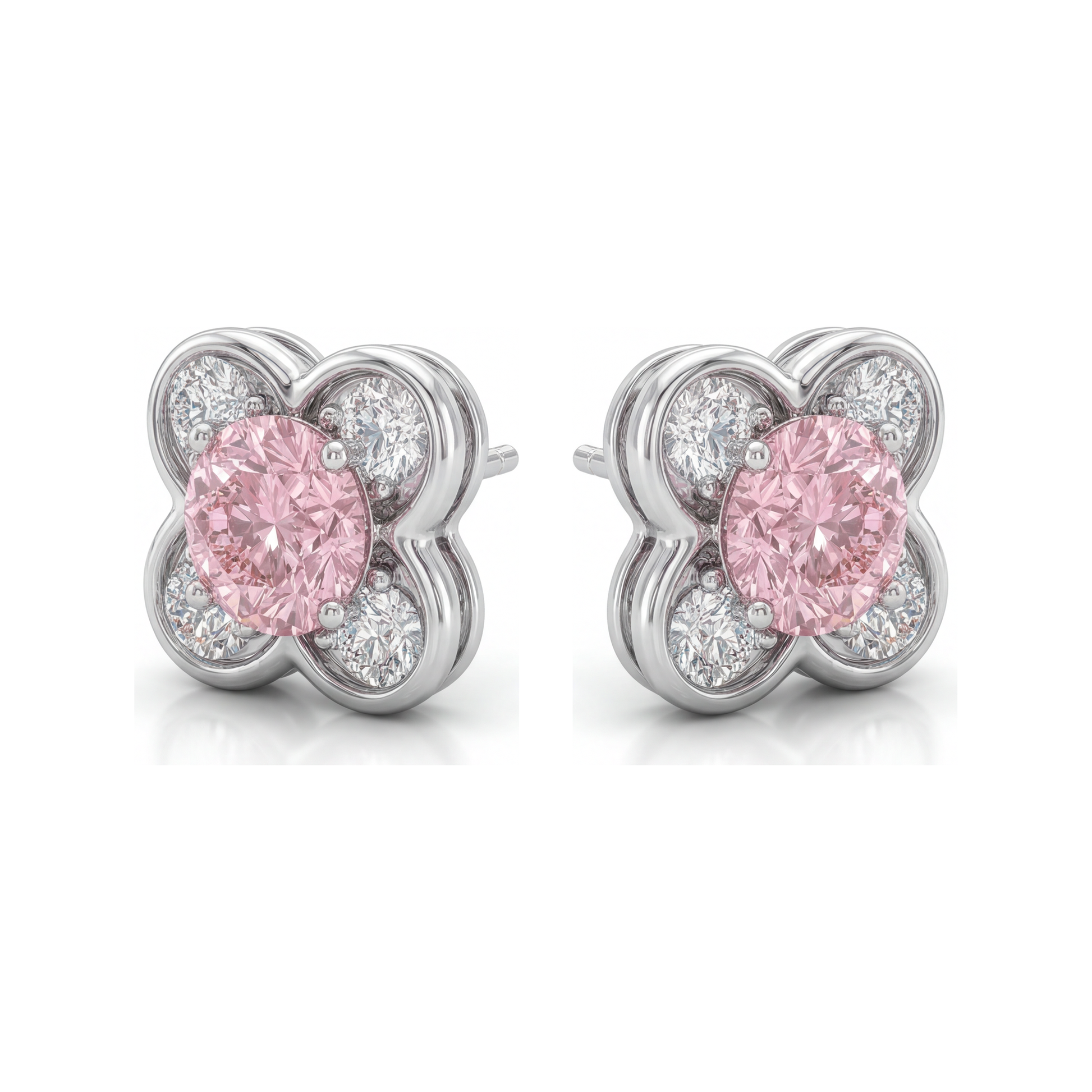 1 Carat Round Pink Lab Grown Diamond and White Diamond Cluster Earrings 14K White Gold