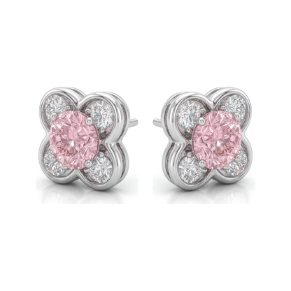 1 Carat Round Pink Lab Grown Diamond and White Diamond Cluster Earrings 14K White Gold