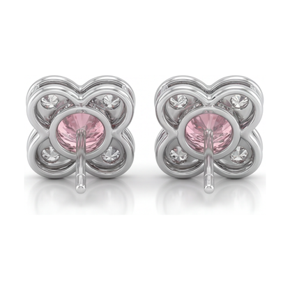 1 Carat Round Pink Lab Grown Diamond and White Diamond Cluster Earrings 14K White Gold