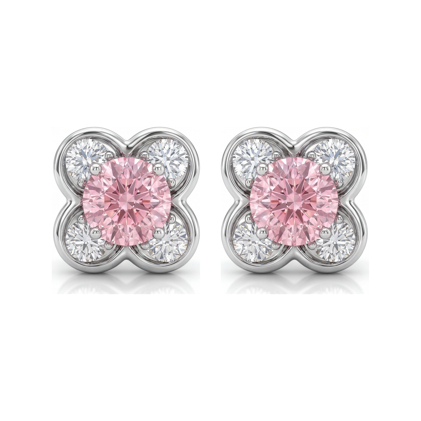 1 Carat Round Pink Lab Grown Diamond and White Diamond Cluster Earrings 14K White Gold