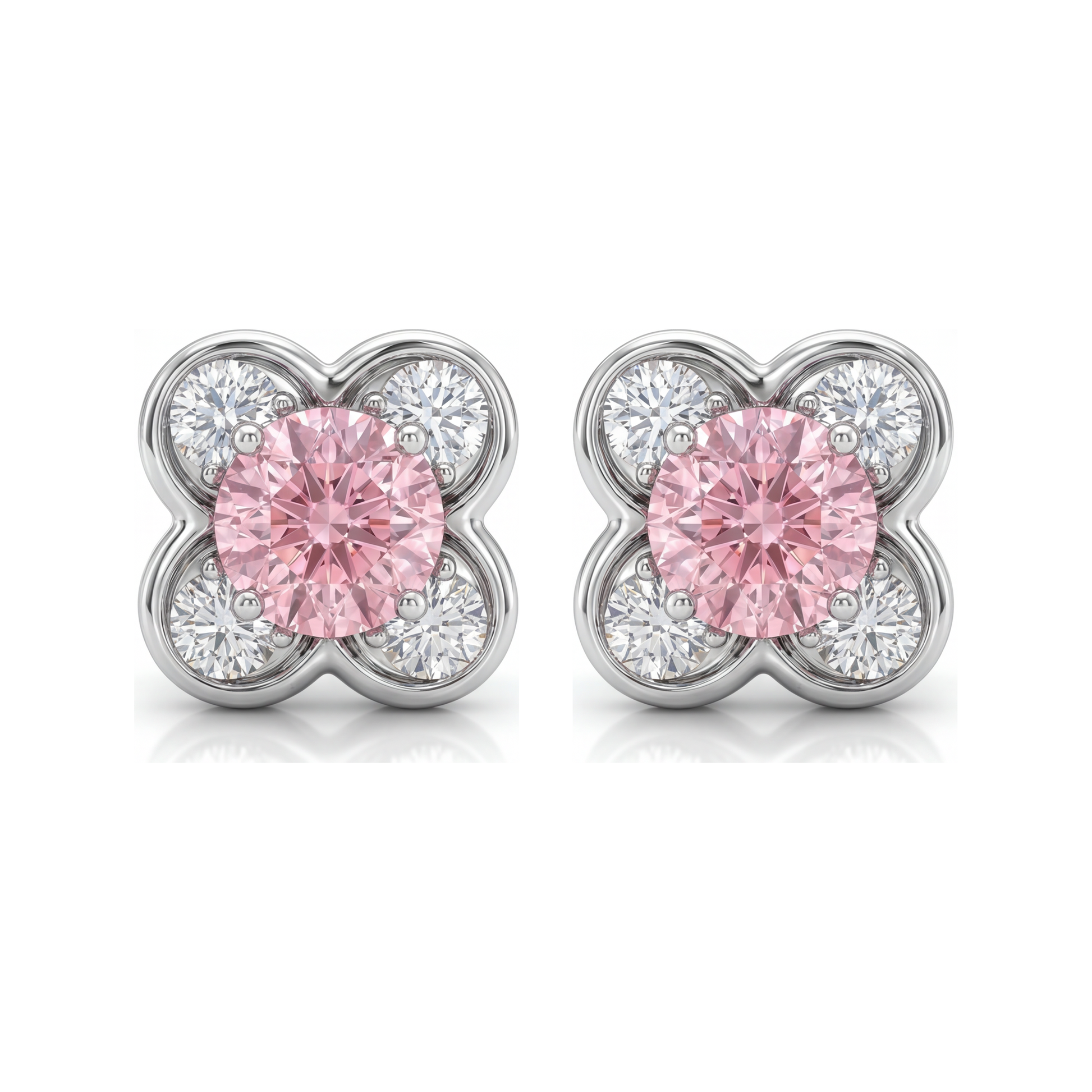 1 Carat Round Pink Lab Grown Diamond and White Diamond Cluster Earrings 14K White Gold