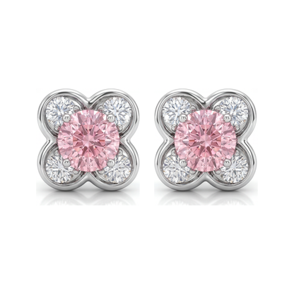 1 Carat Round Pink Lab Grown Diamond and White Diamond Cluster Earrings 14K White Gold