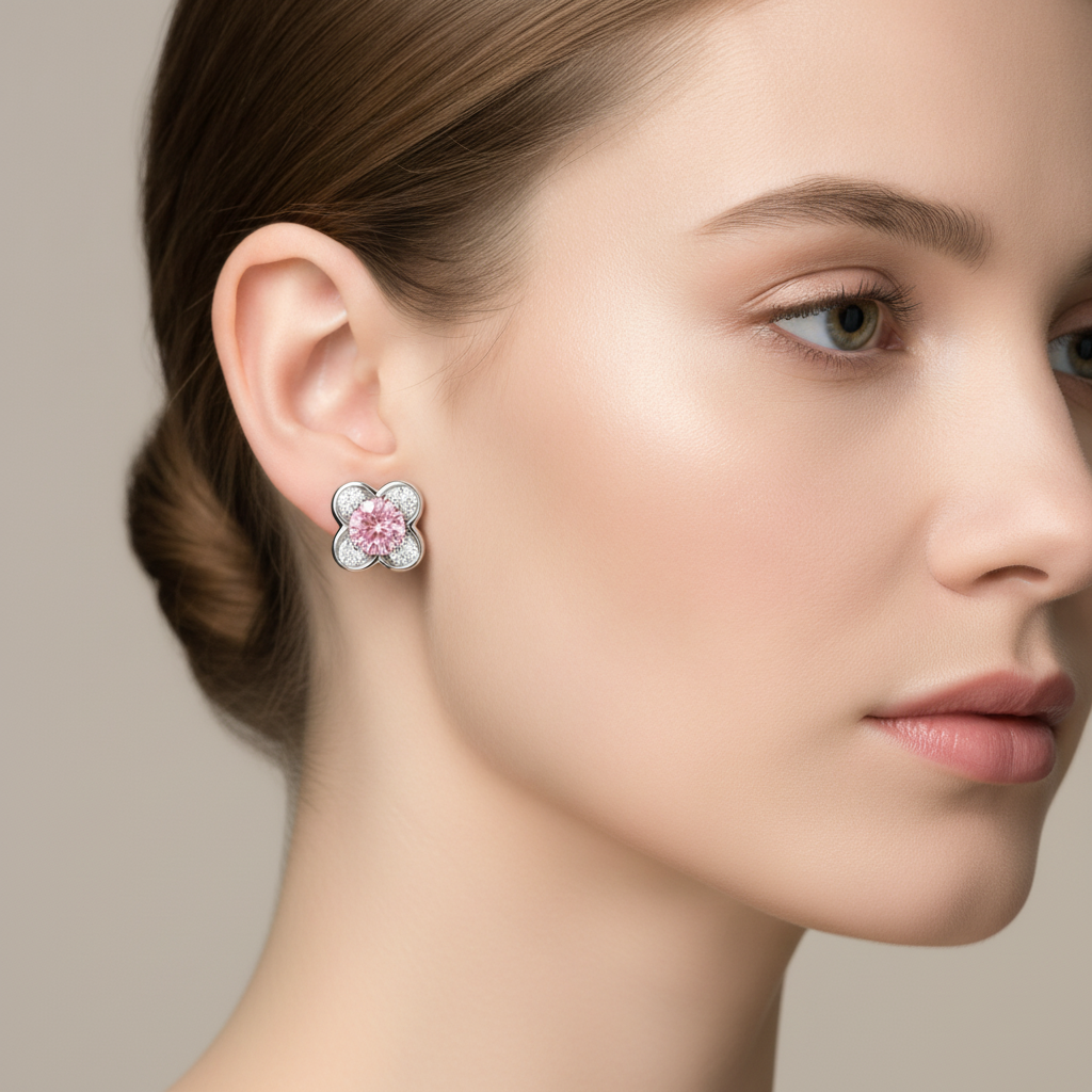 1 Carat Round Pink Lab Grown Diamond and White Diamond Cluster Earrings 14K White Gold worn on ear
