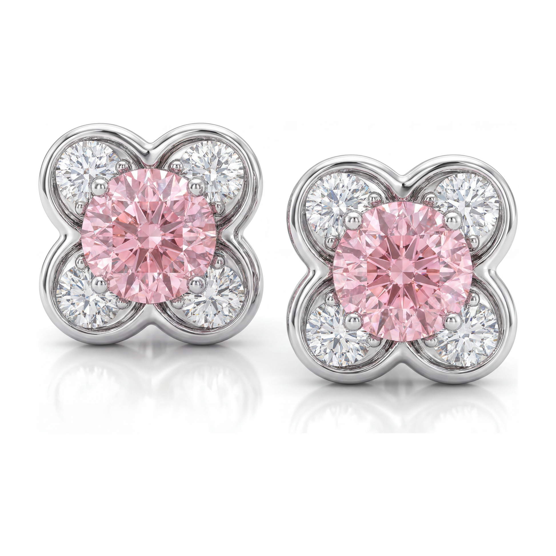 1 Carat Round Pink Lab Grown Diamond and White Diamond Cluster Earrings 14K White Gold