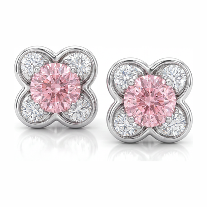 1 Carat Round Pink Lab Grown Diamond and White Diamond Cluster Earrings 14K White Gold