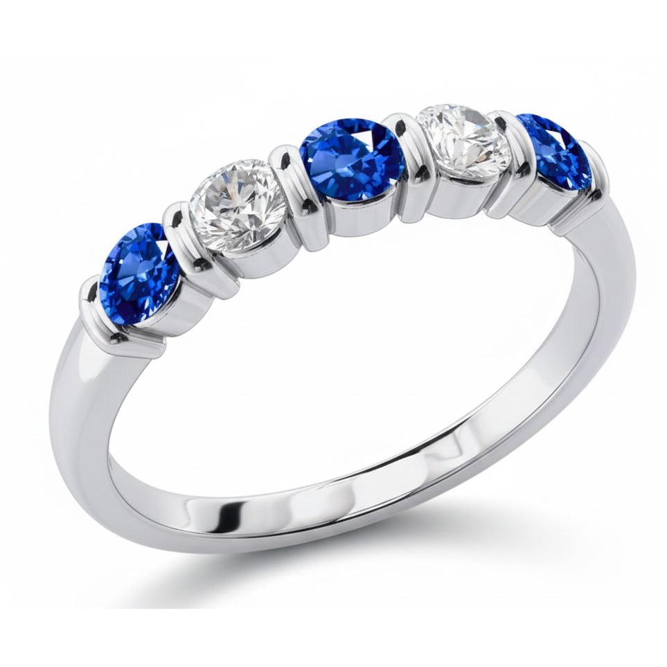 1.25 Ct Ceylon Sapphire With Natural Earth Mined Diamonds Five Stone Ring Gold14K