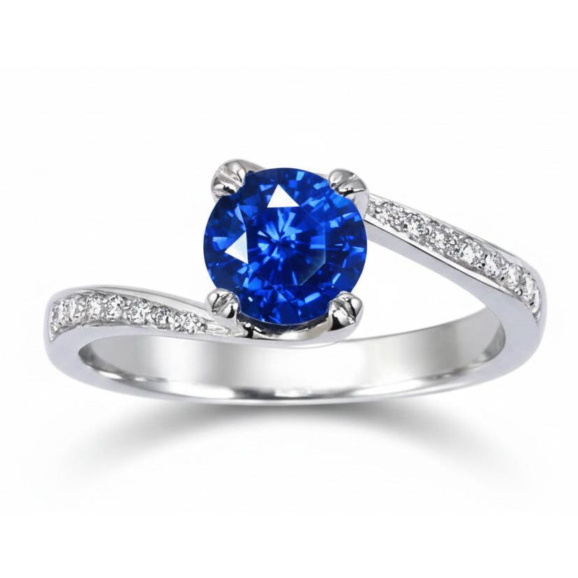 1.25 Ct Round Cut Ceylon Blue Sapphire Natural Earth Mined Diamond Ring