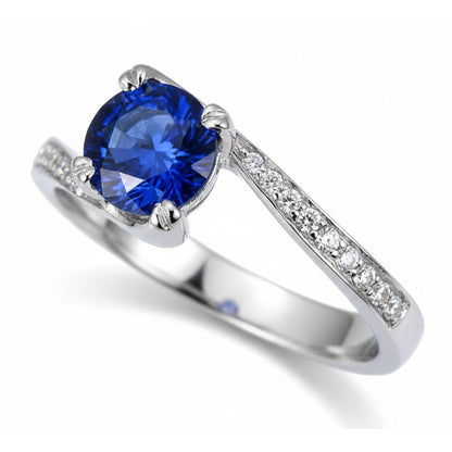 1.25 Ct Round Cut Ceylon Blue Sapphire Natural Earth Mined Diamond Ring