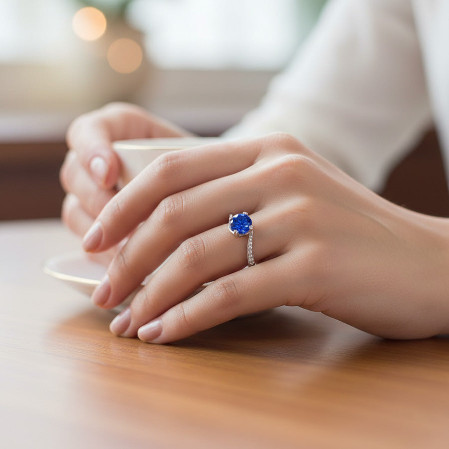 1.25 Ct Round Cut Ceylon Blue Sapphire Natural Earth Mined Diamond Ring