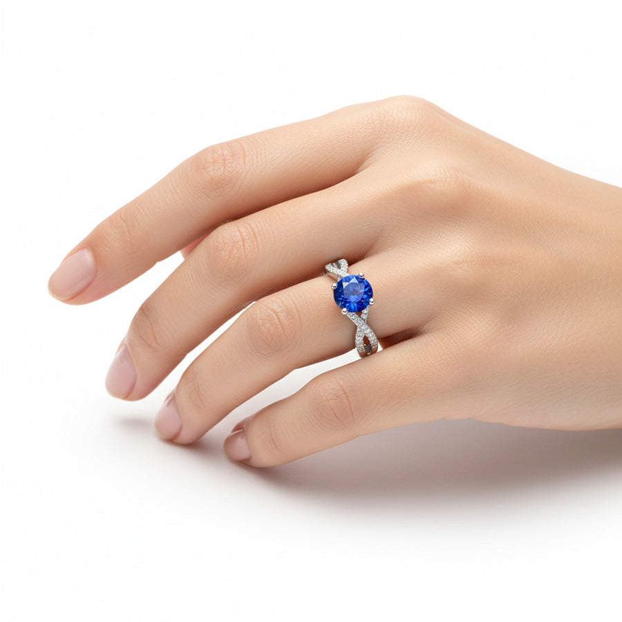 1.35 Ct Round Ceylon Sapphire Natural Earth Mined Diamond Wedding Ring